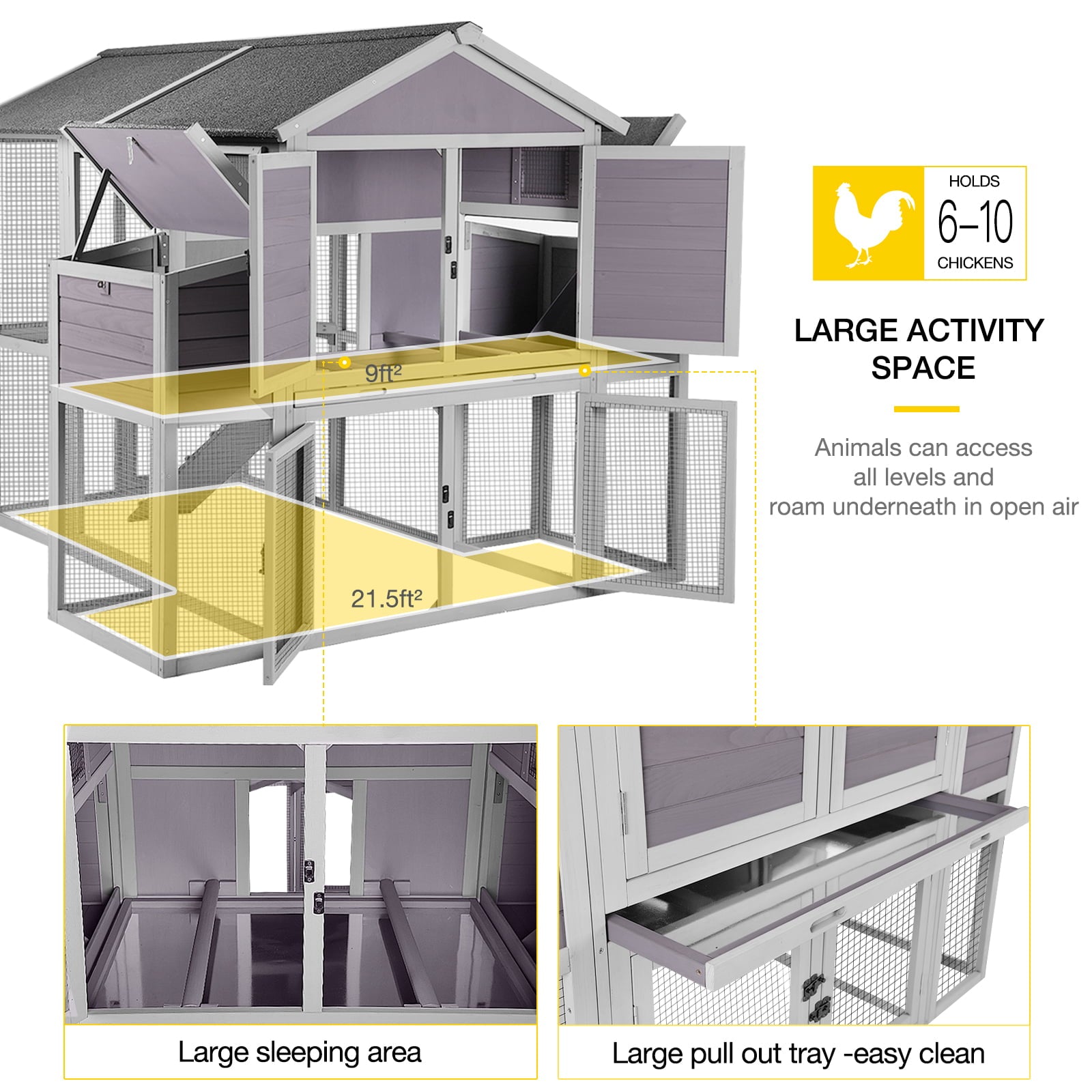 Morgete Extra Large Chicken Coop for 8 - 10 chickens, Nesting Box, Gray, 75.7 in