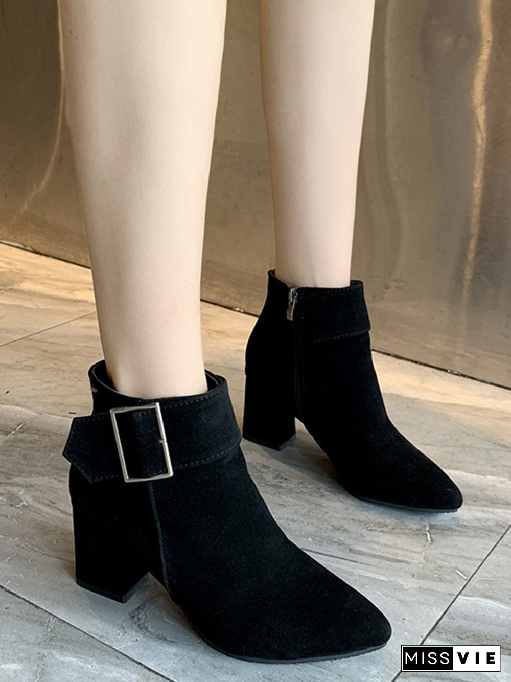 Chunky Heel Buckle Pointed-Toe Suede Martin Boots