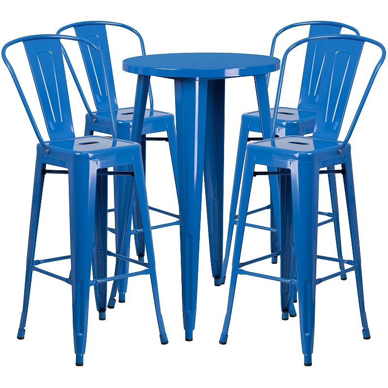 Merrick Lane Eleanore 5 Piece Outdoor Dining Set in Blue with 24 Round Table and 4 Slatted Back Bar Stools with Footrests