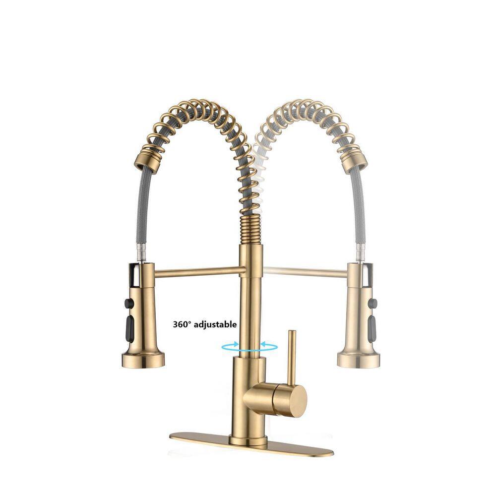 PROOX Single-Handle Deck Mount Spring Pull-Down Sprayer Kitchen Faucet with Deckplate in Brushed Gold PR21AARX289BG