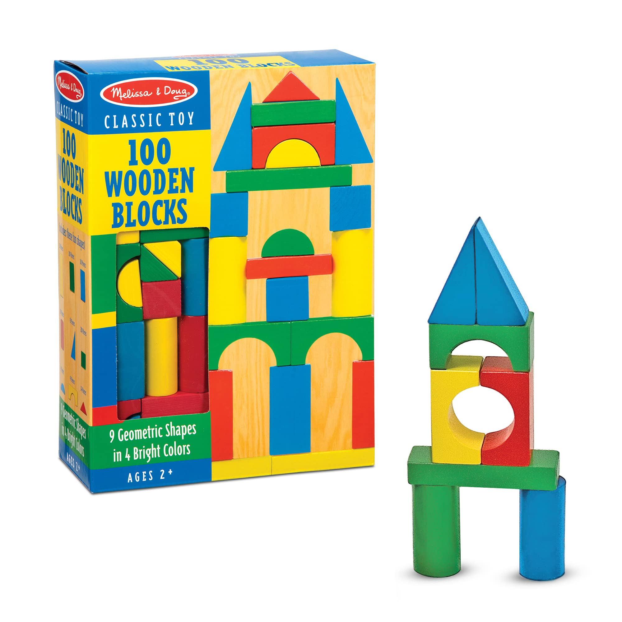 Melissa and Doug Wooden Building Blocks Set - 100 Blocks in 4 Colors and 9 Shapes - Classic Kids Toys， Colored Wood Blocks For Toddlers Ages 2+