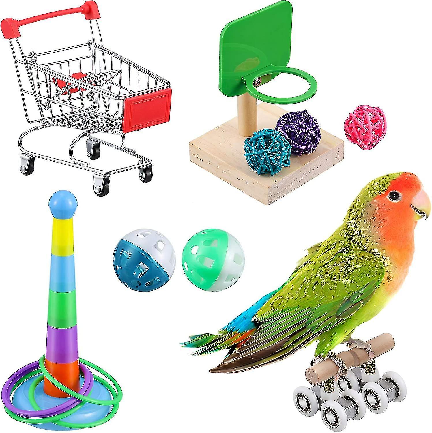 6 Pieces Bird Training Toys Parrot Intelligence Toys Mini Cart Mini Roller Skating Toys Basketball