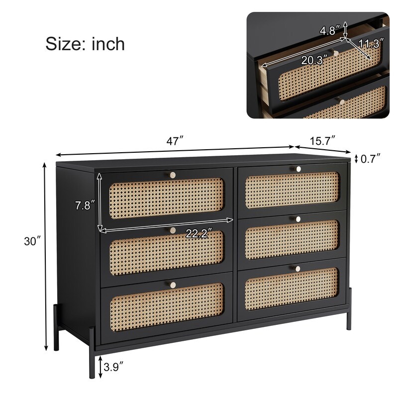 47'' Modern Solid Wood 6 Drawer Dresser with Rattan Decorative Doors (2 Colors）