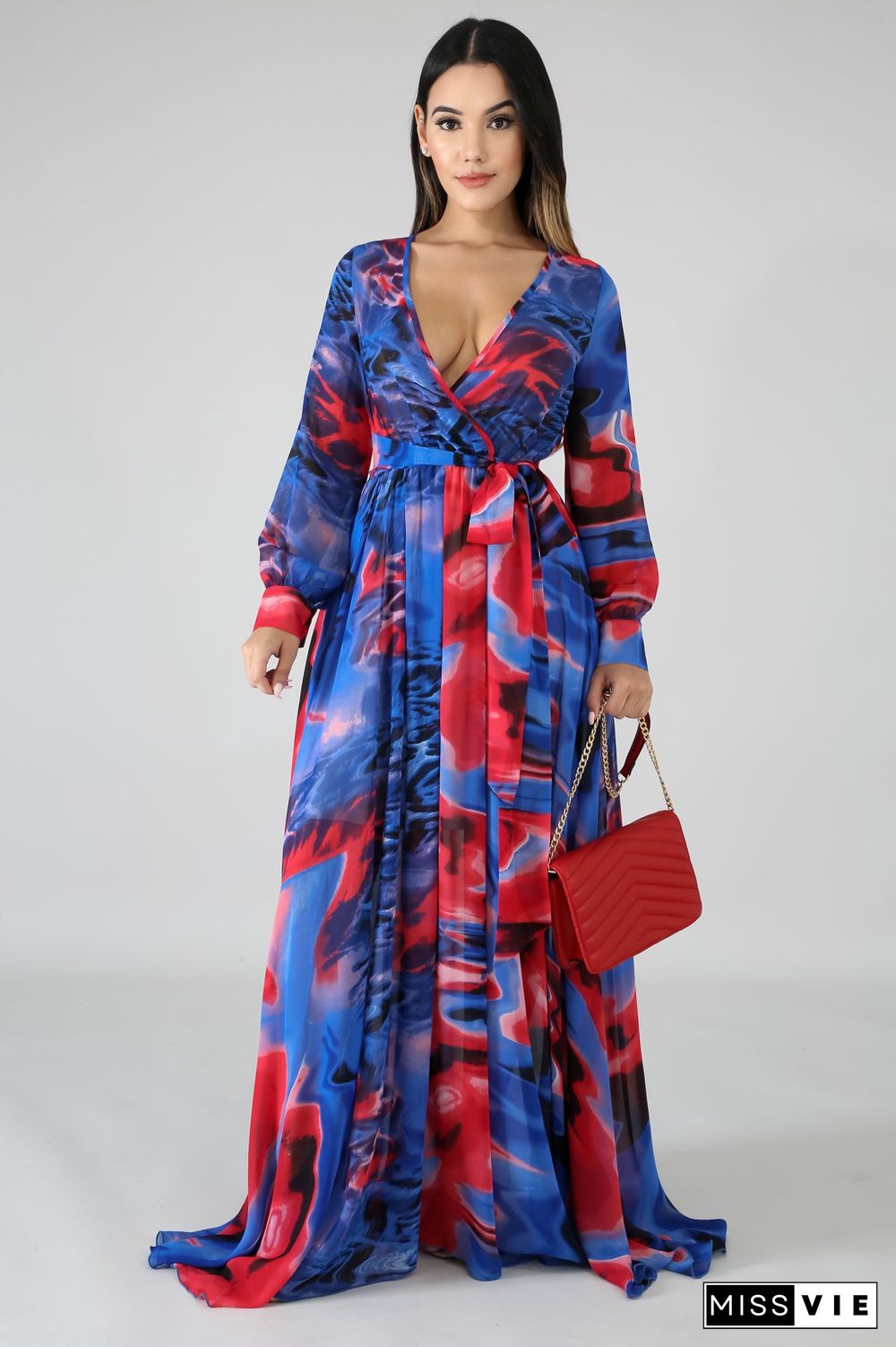 Summer Vacation Printed Long Sleeve Deep V Neck With Waist Belt A Line Women Maxi Dress