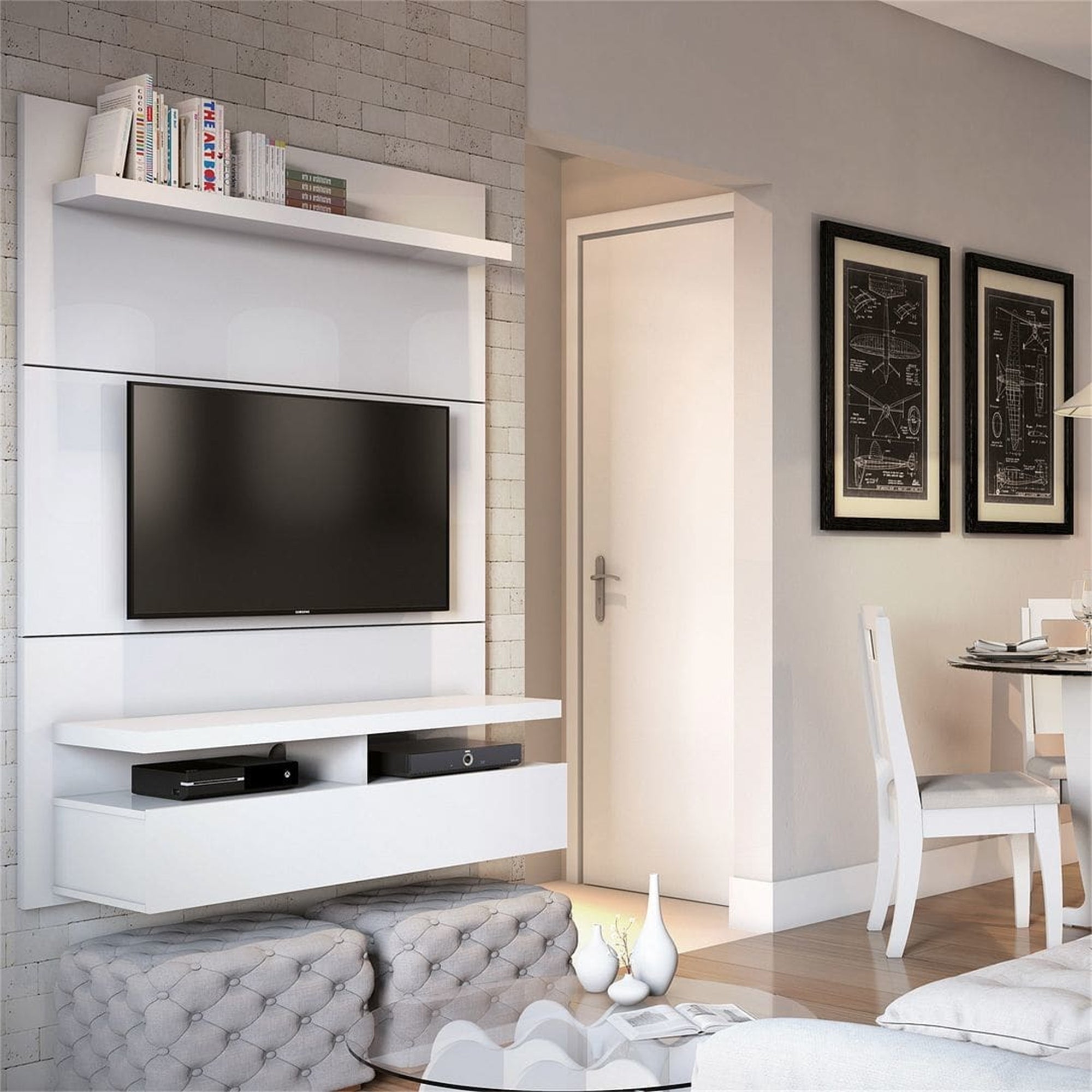 Floating Wall Theater Entertainment Center in White Gloss