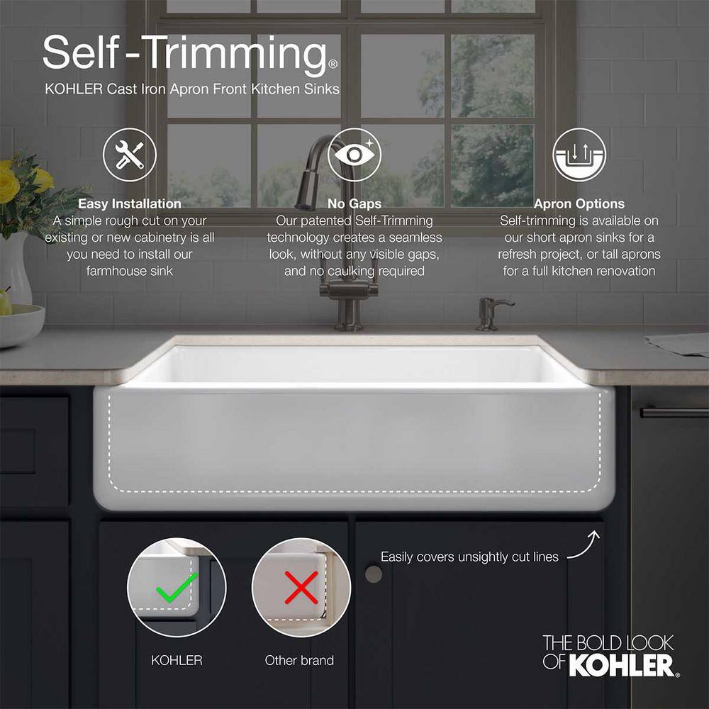 KOHLER Whitehaven FarmhouseApron-Front Cast Iron 29.6875 in. Single Bowl Kitchen Sink in White K-7251-0