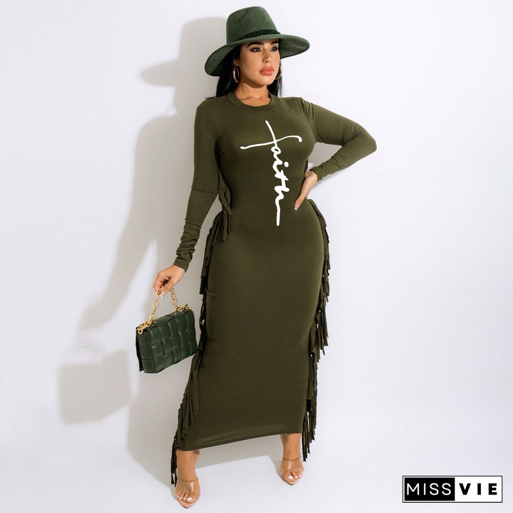 Letter Print Long Sleeve Side Tassel Skinny Maxi Dress