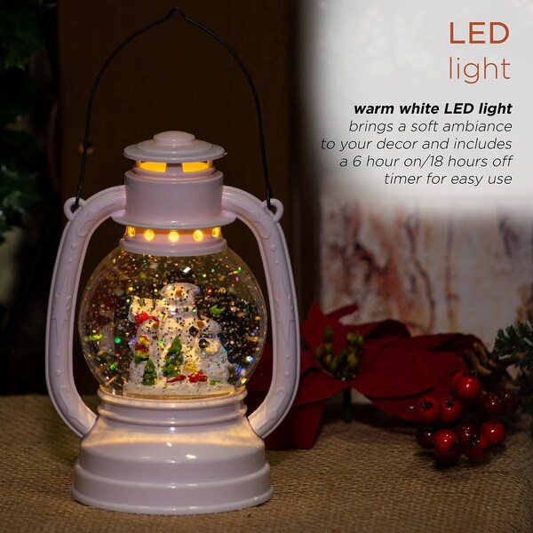 Alpine Corporation 8H Indoor White Christmas Snow Globe Lantern with Warm White LED Light