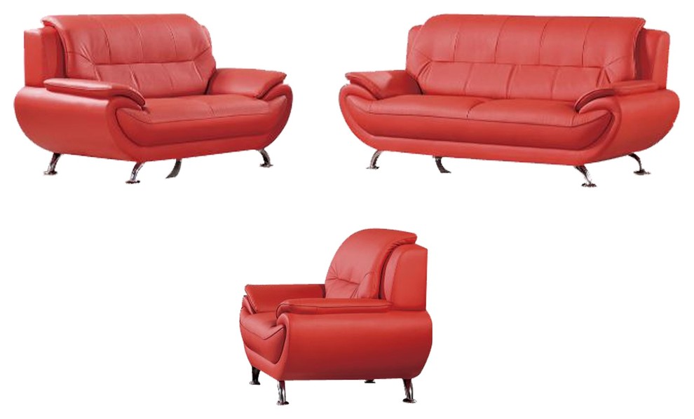 Three Piece Leatherette Wooden Sofa Set With Pillow Top Armrest  Red And Silver   Contemporary   Living Room Furniture Sets   by VirVentures  Houzz