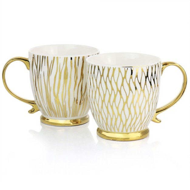 Gibson Home Gold Finch 4 Piece 16 7oz Electroplated Fine Ceramic Mug Set In Gold