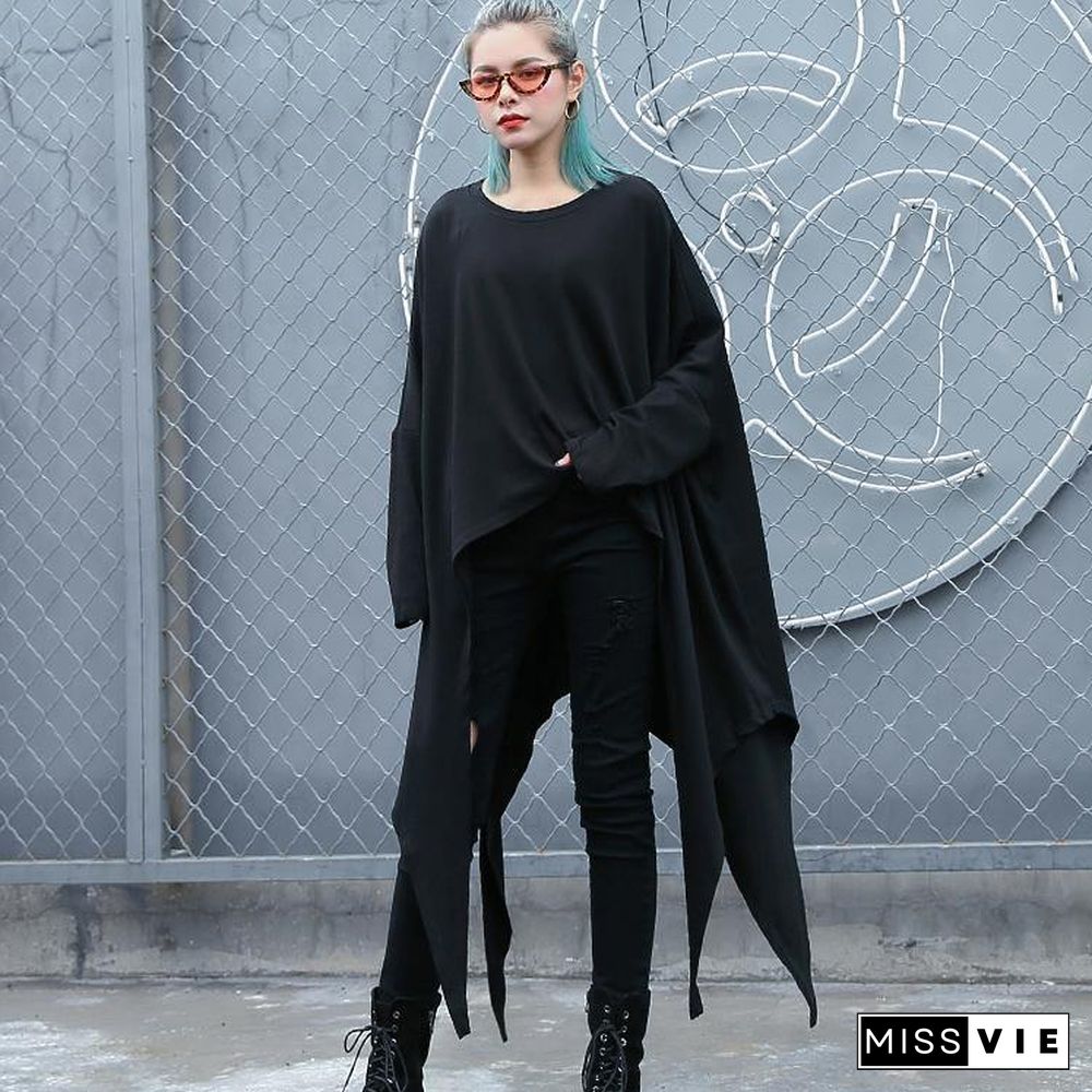 2019 black natural cotton blended t shirt oversize O neck clothing tops vintage asymmetric large hem t shirt