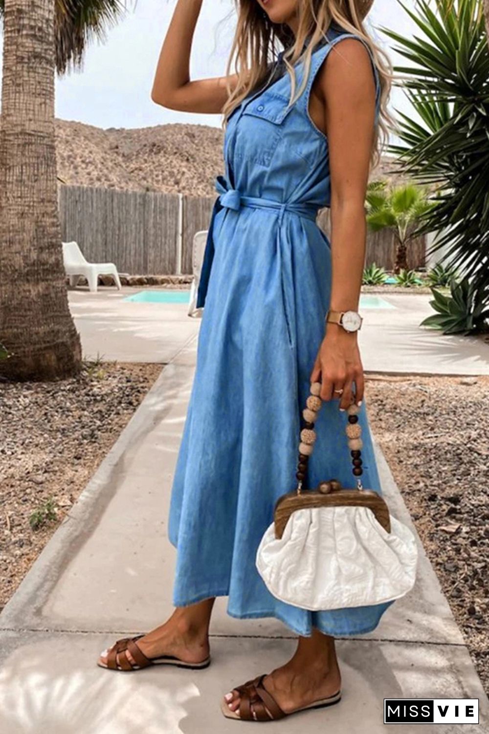 Sleeveless Button Pocket Waist Tie Denim Dress