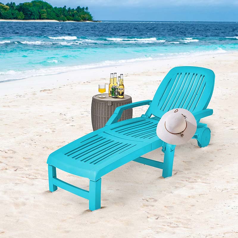 Weatherproof Folding Sun Lounger with Wheels, 6-Position Plastic Outdoor Chaise Lounge Chair for Pool Beach Lawn