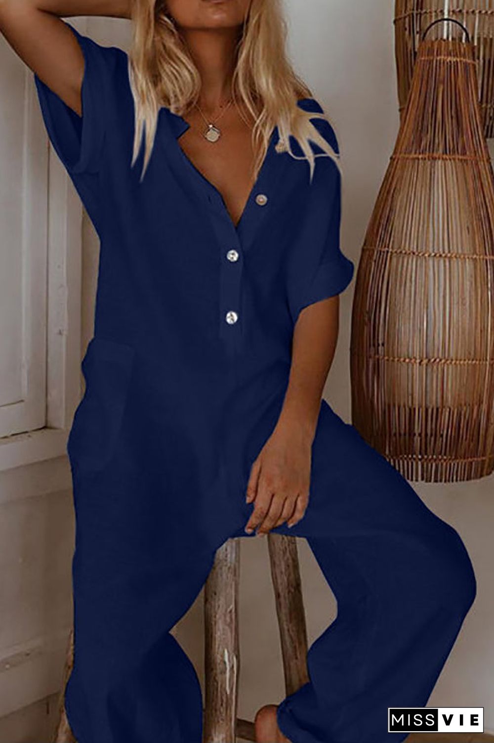 Solid Button Pockets Loose Jumpsuits