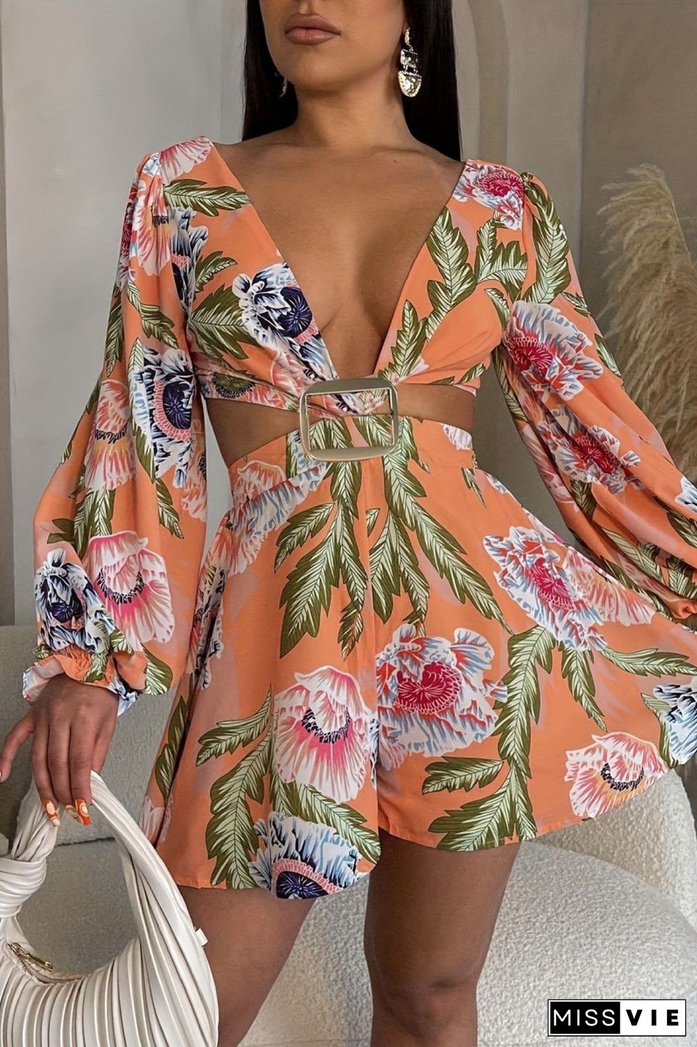 Orange Casual Print Hollowed Out Patchwork V Neck Regular Romper