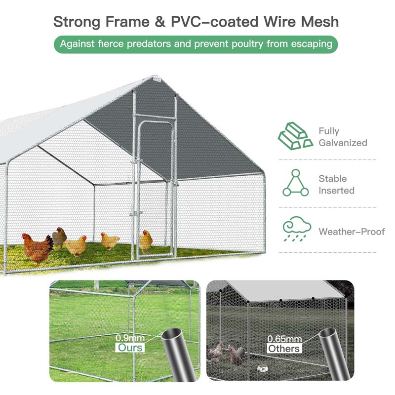 13' x 13' x 6.5' Galvanized Metal Large Walk-in Chicken Coop Cage Runs Hen House with Cover & Lockable Door