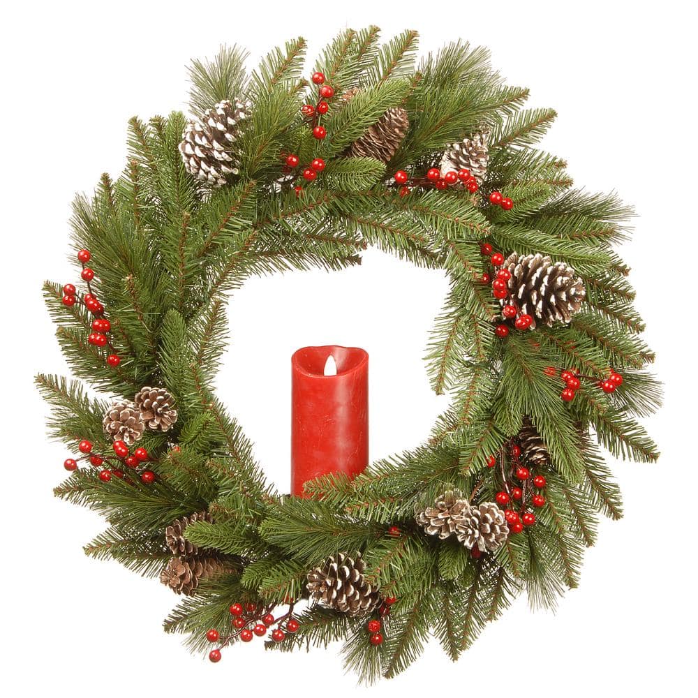  24 in. Artificial Feel Real Bristle Berry Wreath with Red Electronic Candle Red Berries and Cones PEBB3-300N24WBR