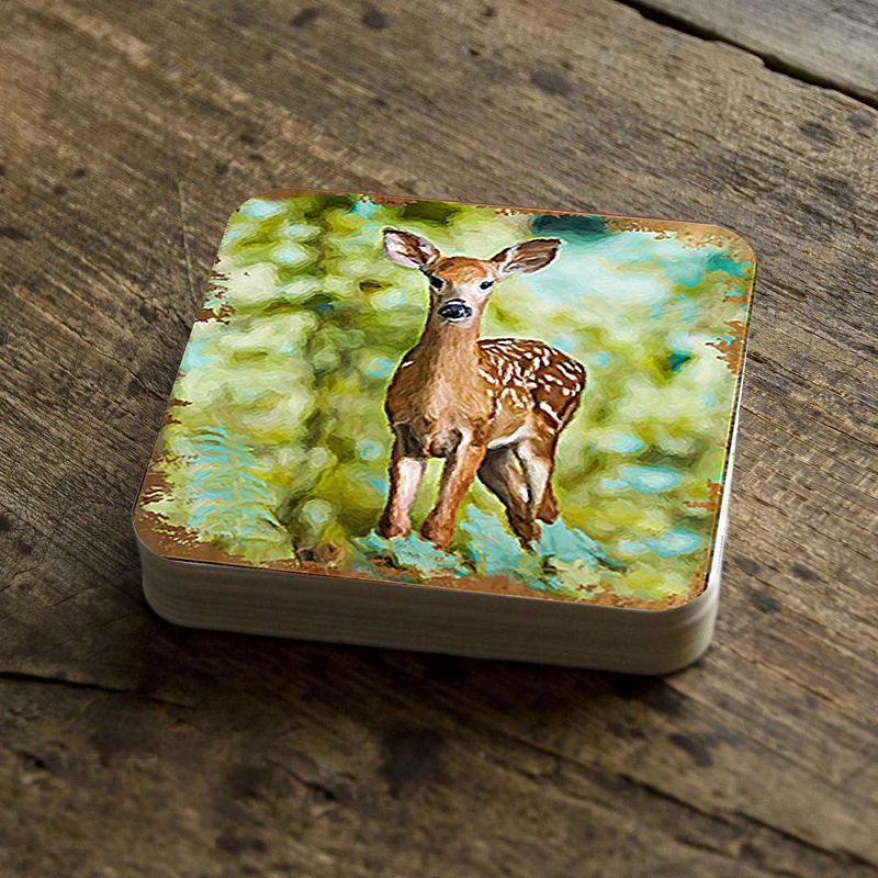 Forest Deer Wooden Cork Coasters Gift Set of 4 by Nature Wonders