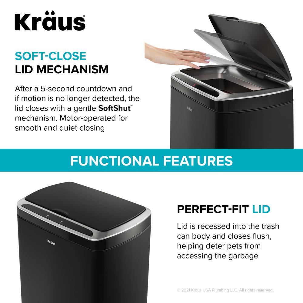 KRAUS Garbage Pro Rectangular 13 Gal. Touchless Motion Sensor Trash Can in Matte Black with Soft Shut Lid KTCS-10MB