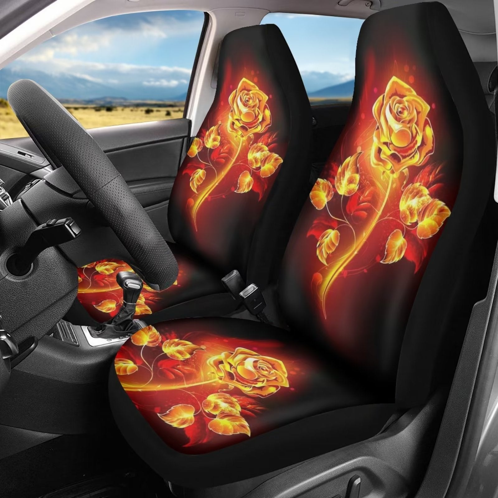 FKELYI Flame Crystal Rose Car Seat Covers Front Only，Stretchy Front Driver Bucket Seat Covers for Cars SUVs Sedans and Vans，Breathable Front Cushon Backrest Covers for Women Men