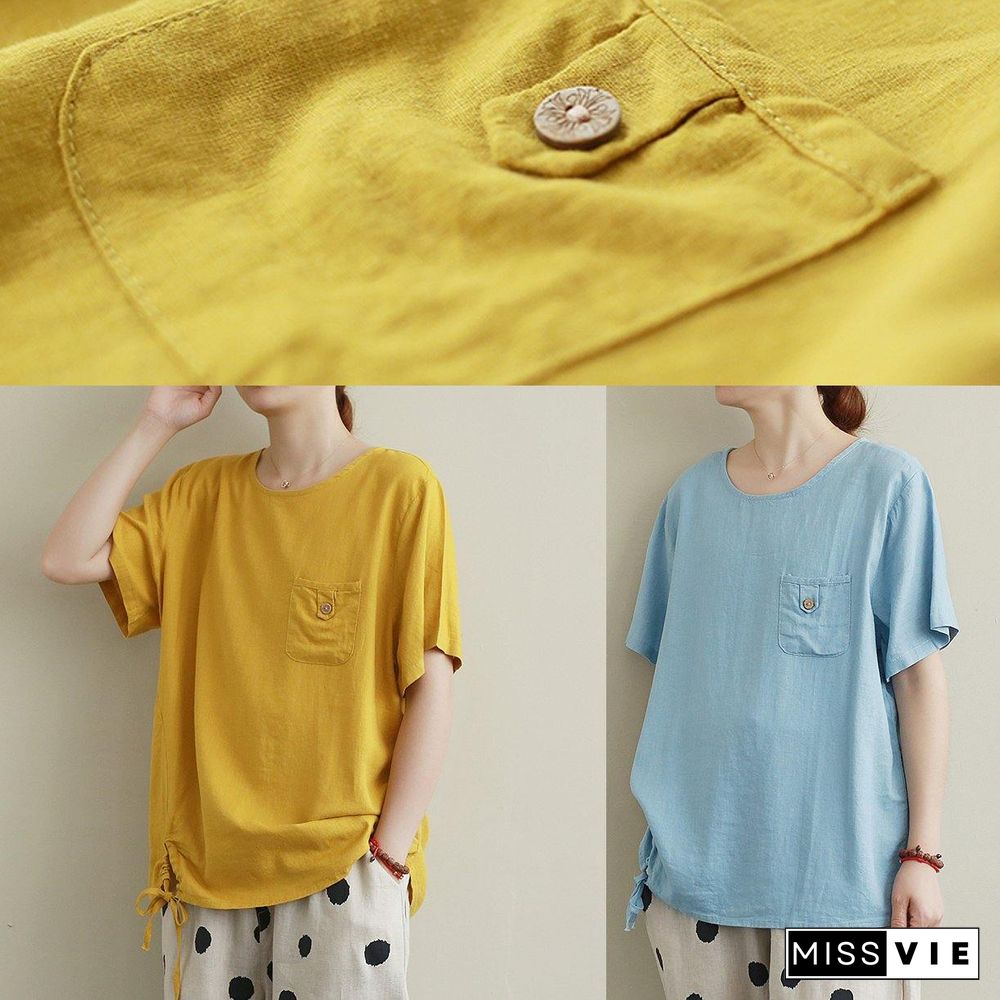 Style o neck drawstring linen cotton summerBlouse yellow baggy shirts