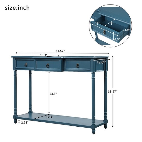 Console Table w/ Projecting Drawers and Long Shelf for Entryway，Blue