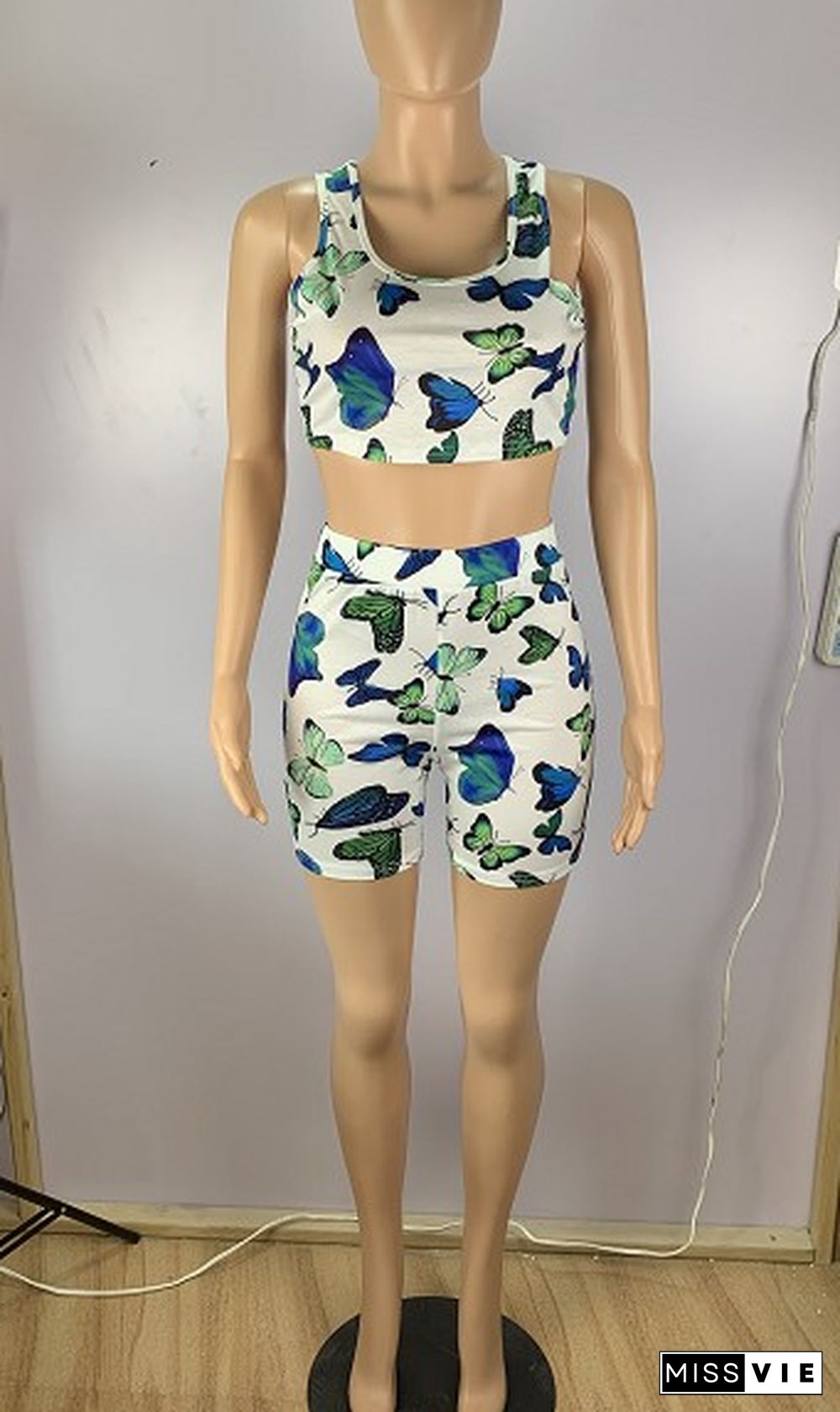 Sexy Butterfly Print Bodice Wrap Tight Shorts Two-piece Set