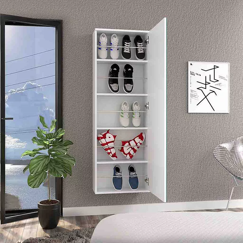 DEPOT E-SHOP Baltimore Wall Mounted Shoe Rack， Mirror， Single Door， Ten Shoes Capacity， White