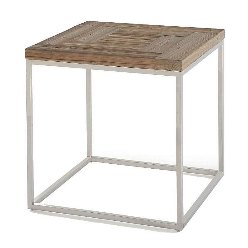 24 Inches Wooden Top End Table with Metal Base， Brown and Silver