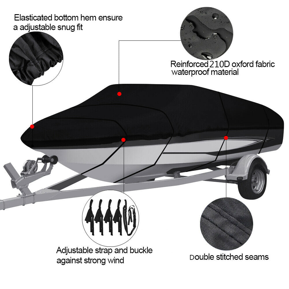 20-22ft Waterproof Heavy Duty Fabric Boat Cover， Oxford Trailerable Fits Fish Ski V-Hull Boats， Black