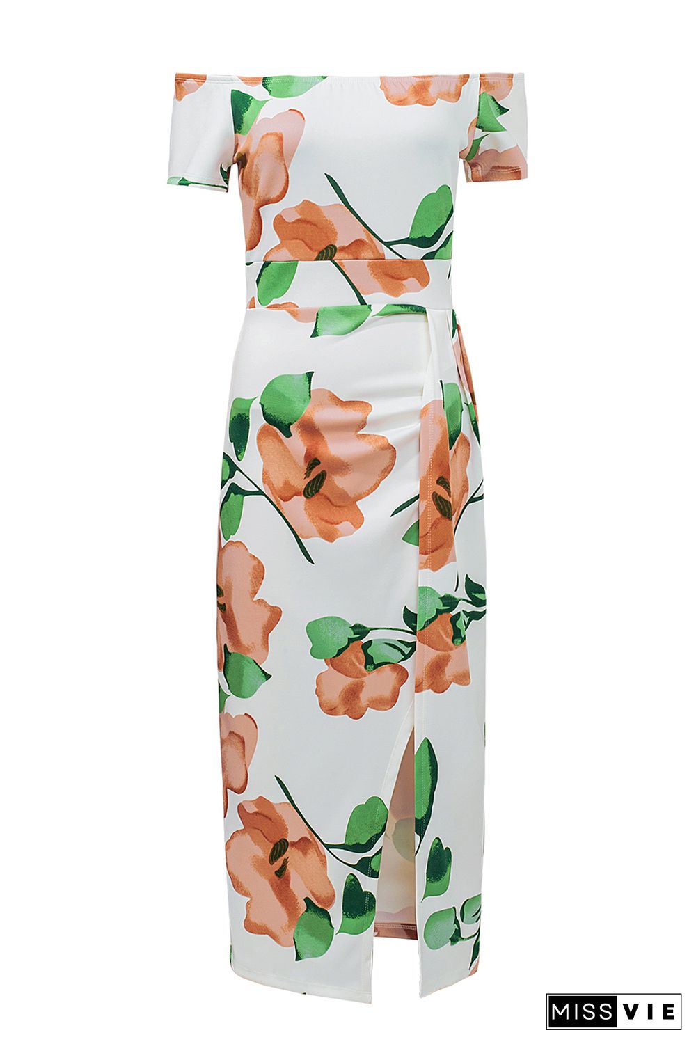 Green Floral Print Off Shoulder Slit Bodycon Midi Dress