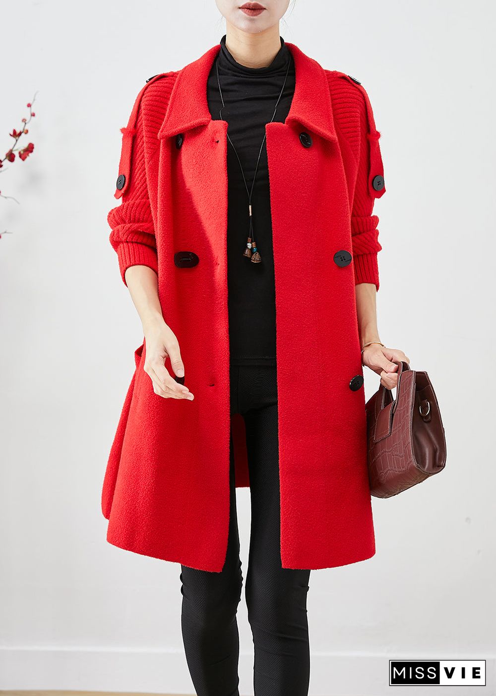 Women Red Oversized Knit Patchwork Woolen Coat Fall