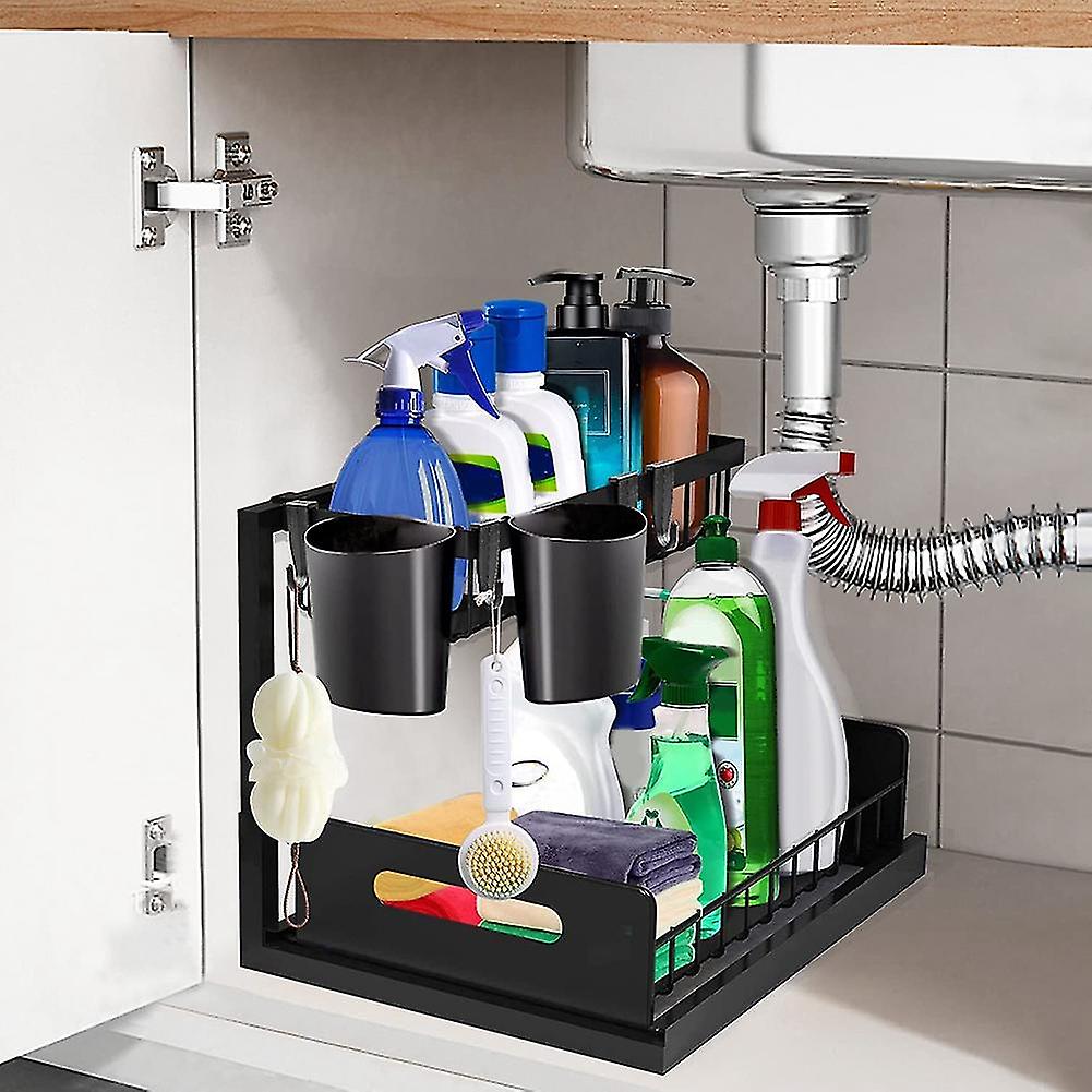 Under Sink Kitchen Organizer With Cups And Hooks， 2 Tier L Shaped Rack Pull Out Under Sink Storage