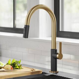 KRAUS Oletto Single Handle Pull-Down Kitchen Faucet in Brushed BrassMatte Black KPF-2820BBMB