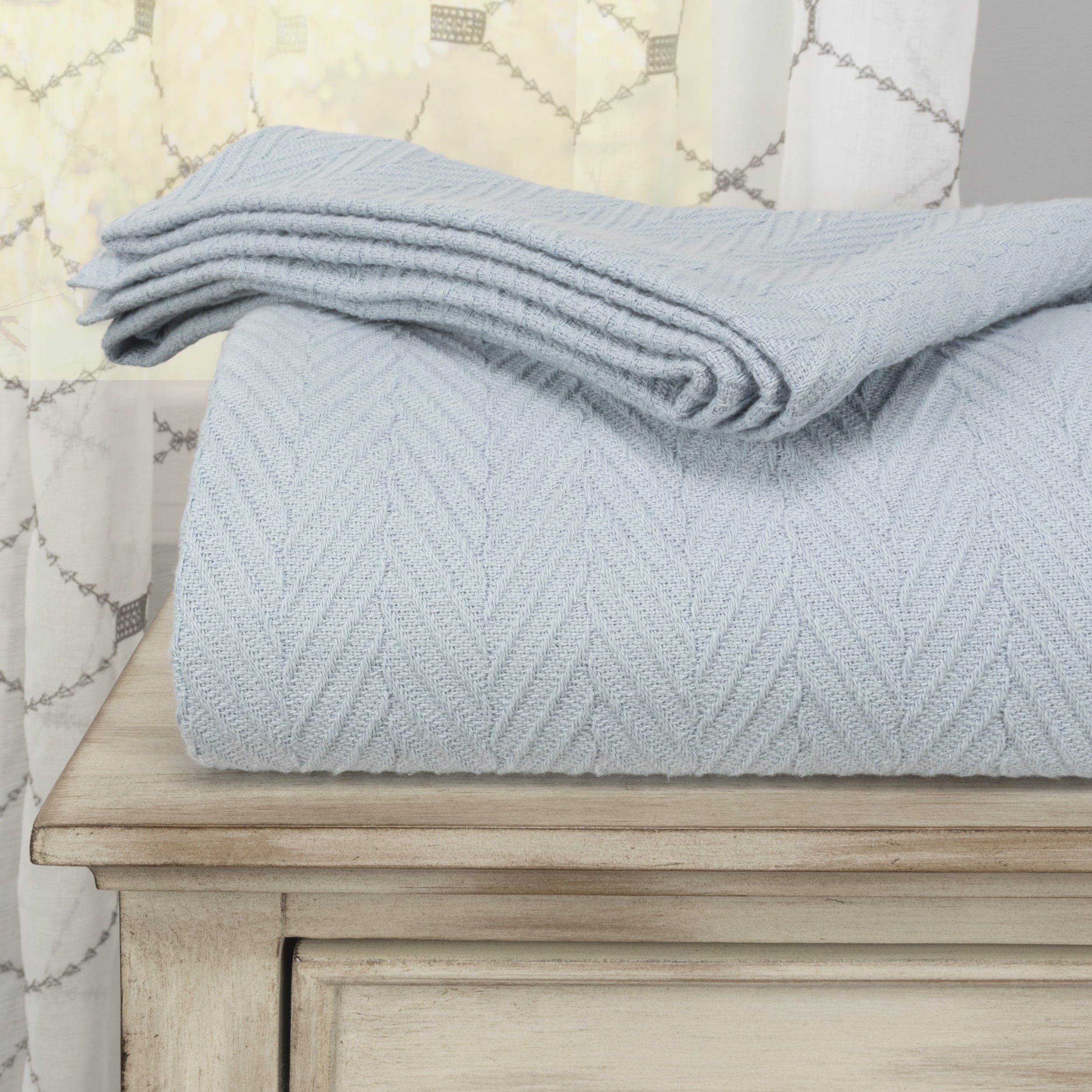 BNM Zig-Zag Cotton Blanket， Twin， Light Blue