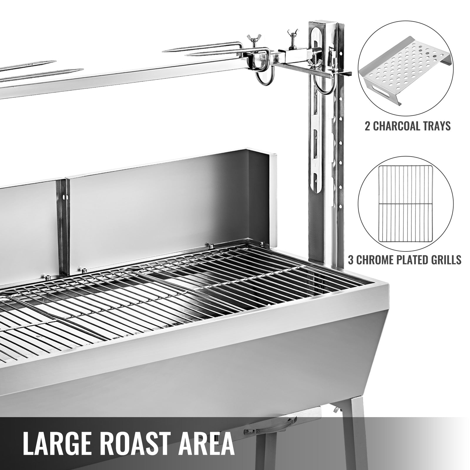 VEVOR Rotisserie Grill Roaster 132lbs, 60kg BBQ Small Pig Lamb Rotisserie Roaster with Back Cover Guard 25W, Stainless Steel