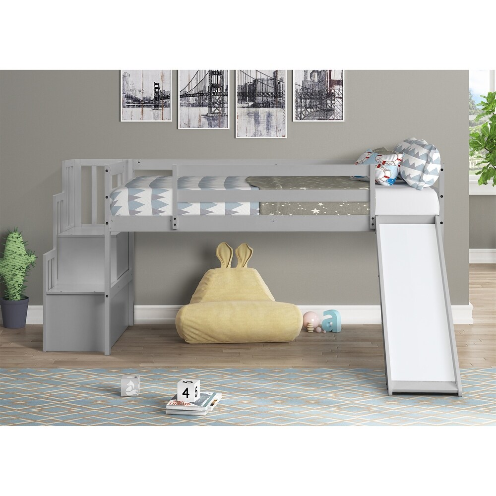 Loft Bed with Slide   Storage Space for Kids  Twin Bed Bedroom  Grey