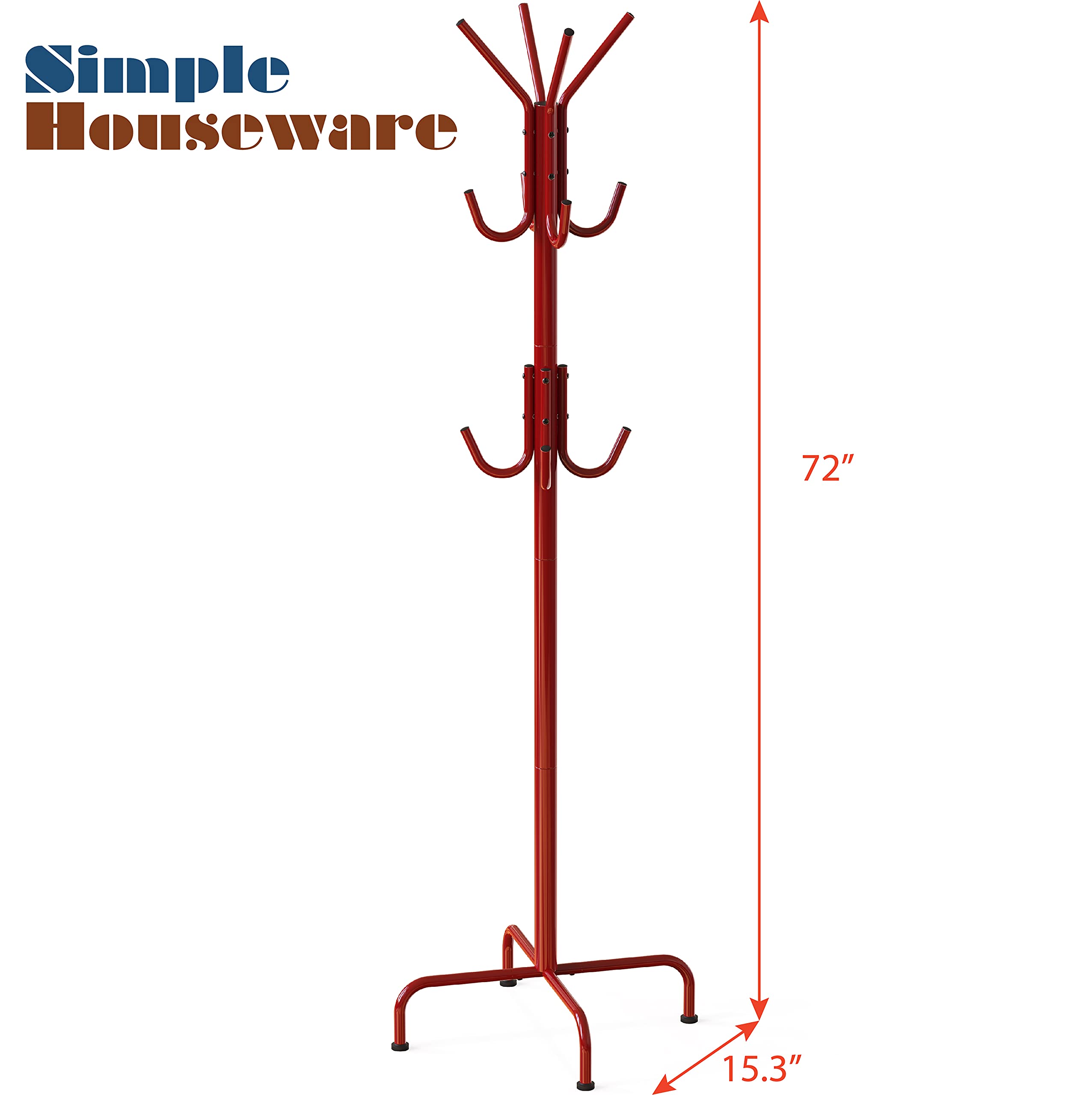 Simple Houseware Standing Coat and Hat Hanger Organizer Rack， 12 Hooks Red