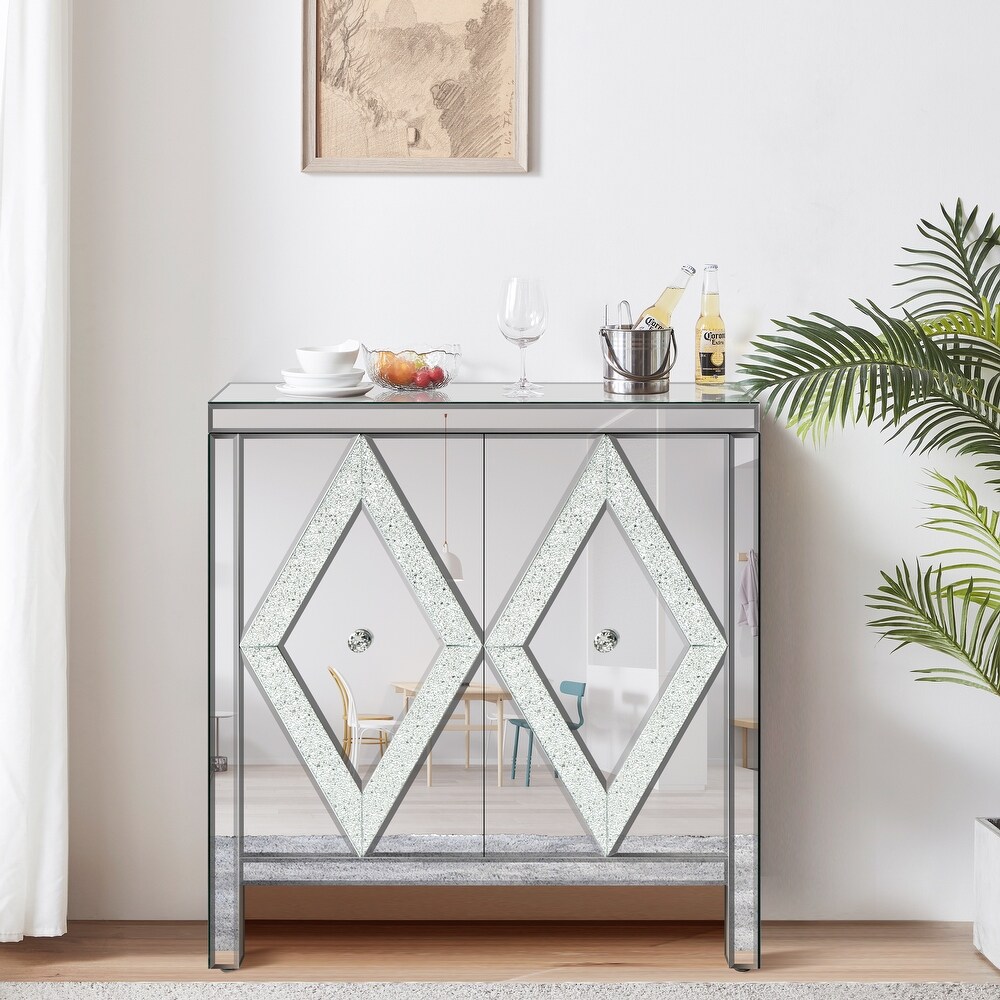 Glass Storage Cabinet with Mirror Trim and Diamond Shape Design  Used As Entryway Table or Buffet Sideboard