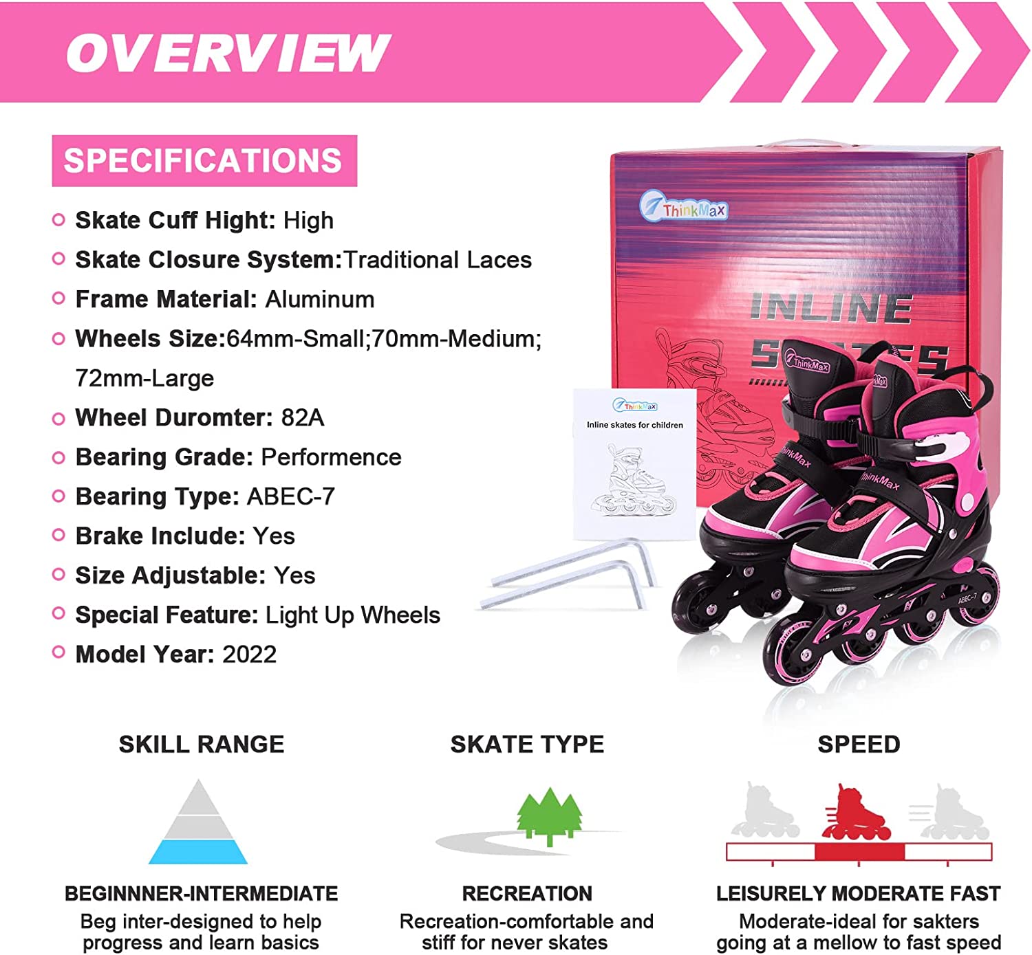 Inline Skates for Kids Girls Boys with Full Light Up Wheels， Adjustable Roller Blades for Youth Beginner Adults Indoor Outdoor (Pink Small)