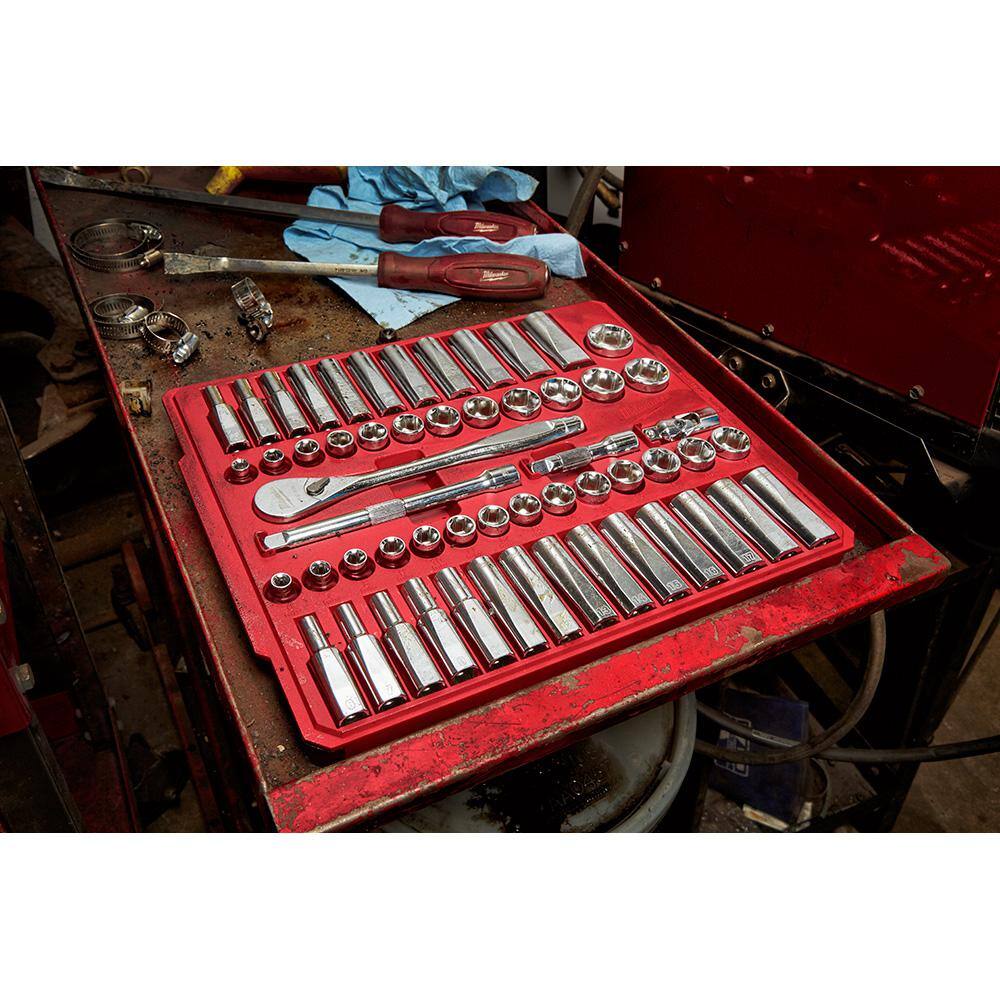 MW 38 in. Drive SAEMetric Ratchet and Socket Mechanics Tool Set with 38 in. Drive 5 in. Stubby Ratchet (57-Piece) 48-22-9008-48-22-9036