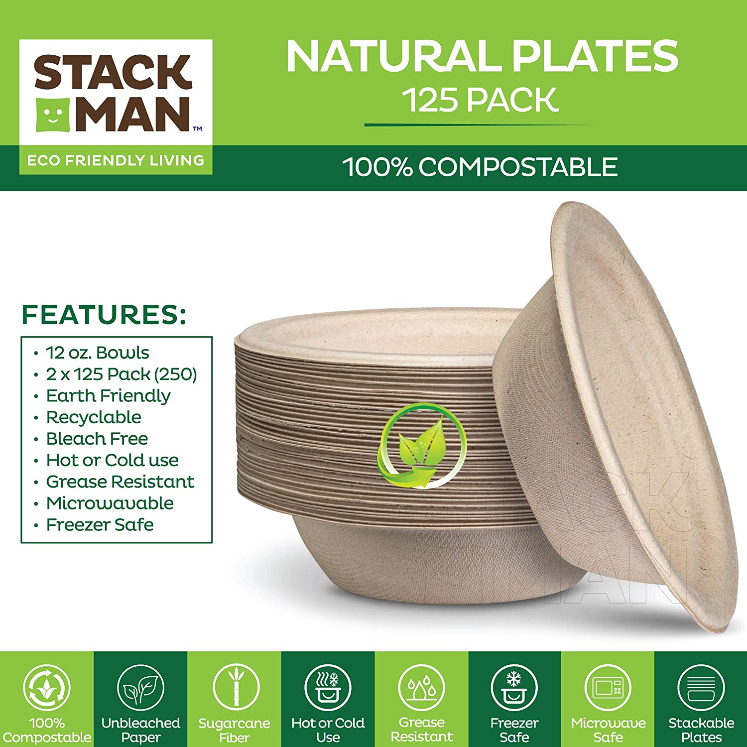 Stack Man 100% Compostable 12 oz. Paper Bowls [125-Pack] Heavy-Duty Quality Natural Disposable Bagasse