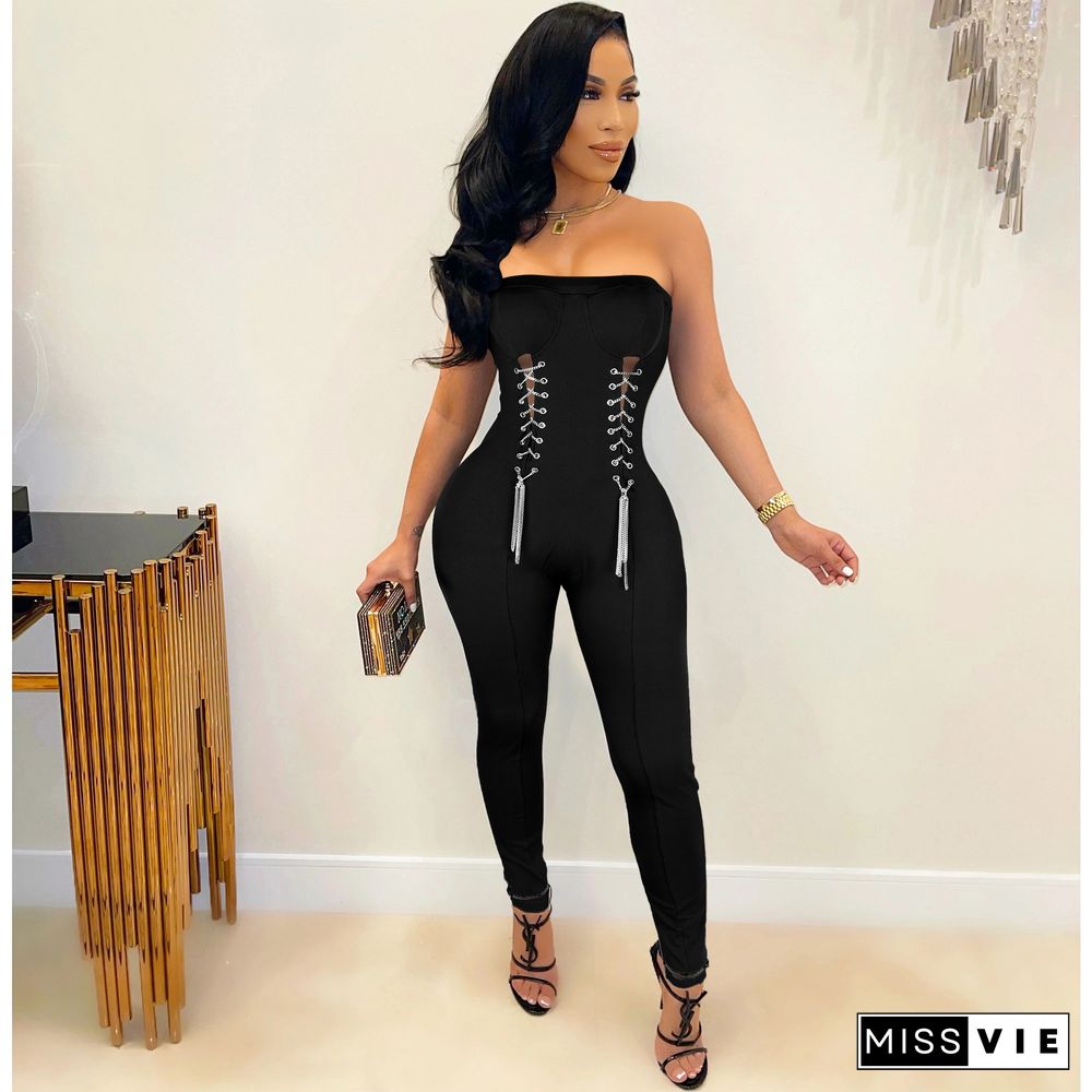 Fashion Sexy Tube Top Metal Chain Waist Jumpsuit