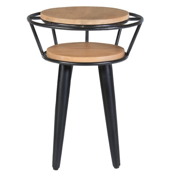 Industrial End Table with 2 Tier Round Wooden Shelving and Metal Frame， White Oak and Black