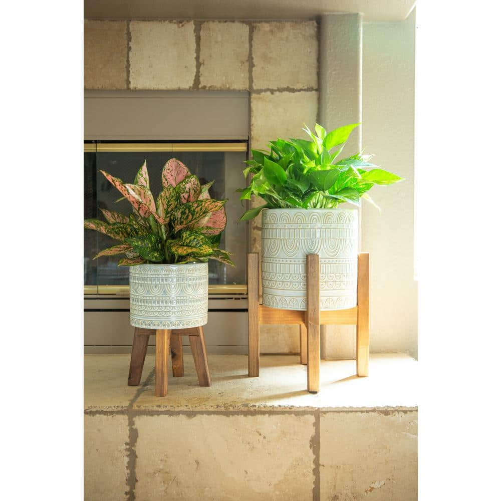 Flora Bunda 10 in. and 8 in. Ivory White Aqueduct Ceramic Plant Pot on Wood Stand Mid Century Planter (Set of 2) CT1472E2-IVORY