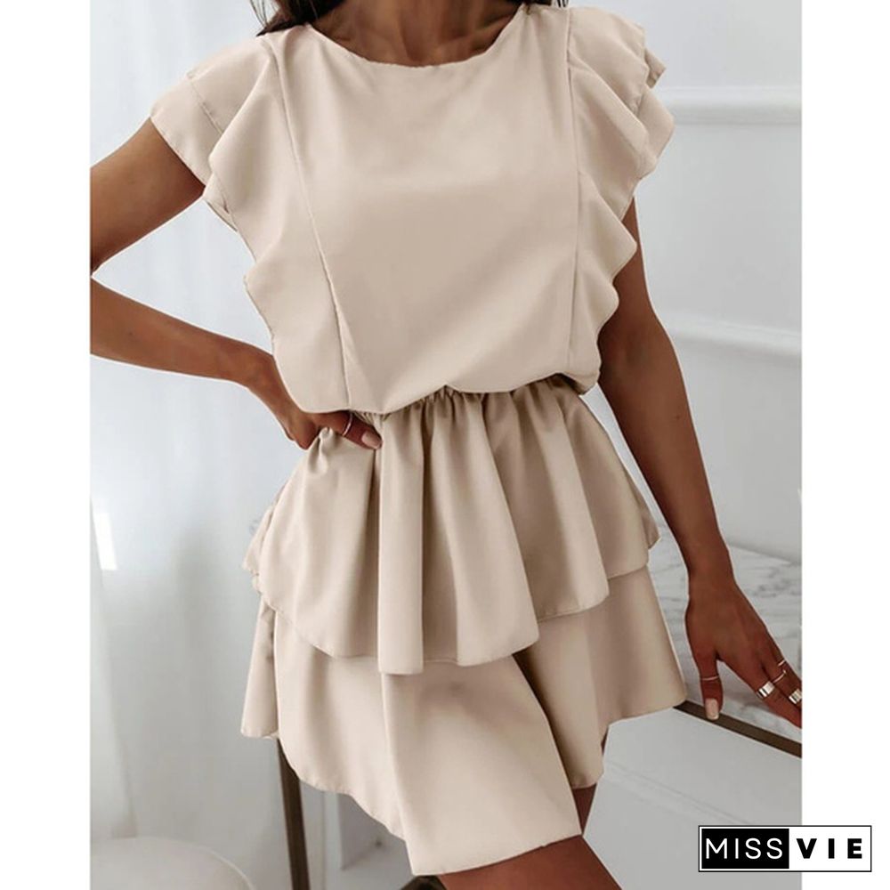 Summer Women's Fashion Solid Color Mini Dress O-Neck Ruffle Short Sleeve Dresses