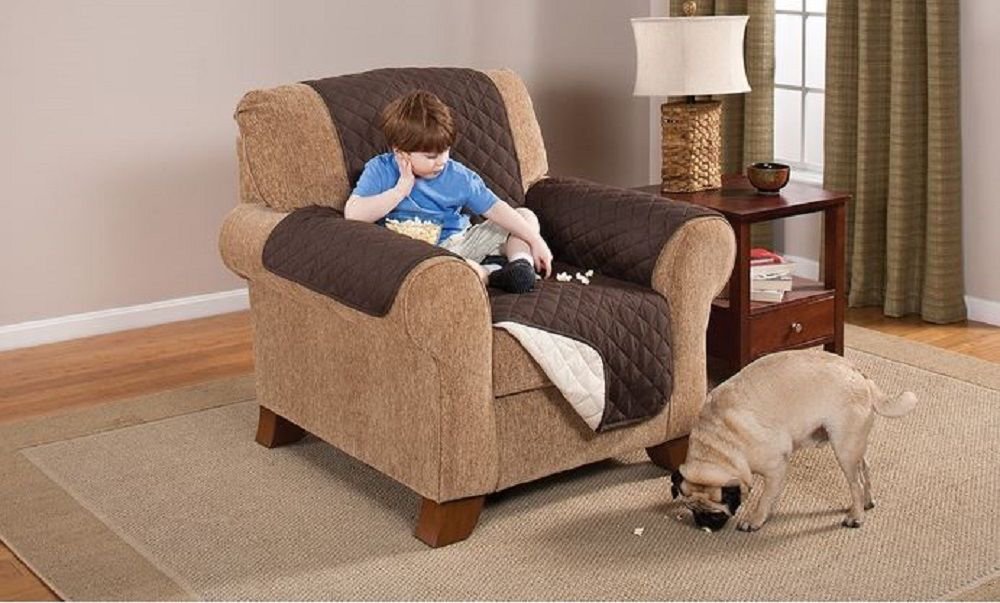 Reversible Quilted Furniture Protector Single Chair Seat Couch Pets Slip Cover Navy Beige & Chocolate Brown