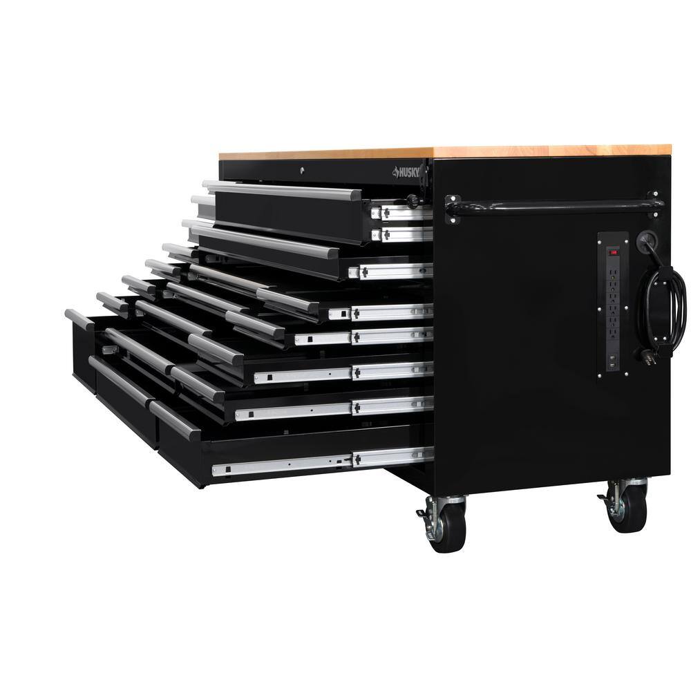 Husky 72 in. x 24.1 in. D 20-Drawer Mobile Workbench with Adjustable Height Solid Wood Top in Gloss Black HOLC7220B11M