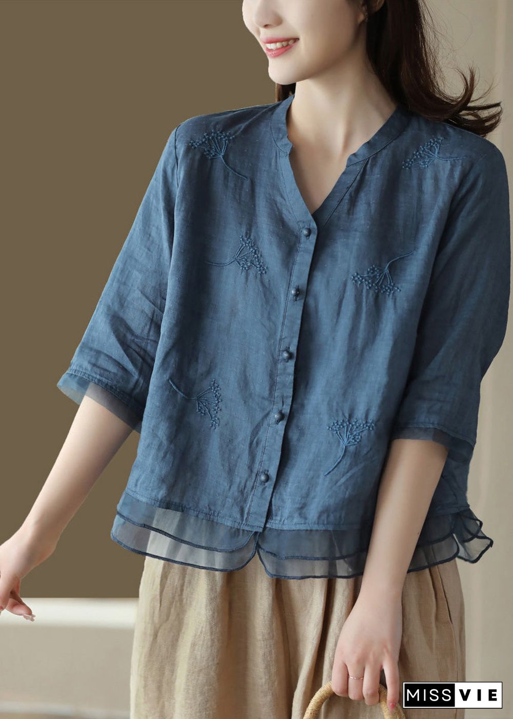 Casual Blue-print2 V Neck Embroideried Solid Ramie Shirt Half Sleeve