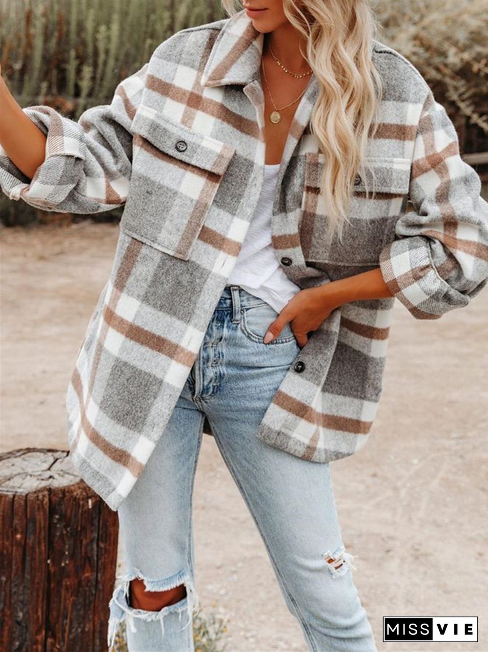 Long Sleeve Lapel Loose Plaid Wool Coat